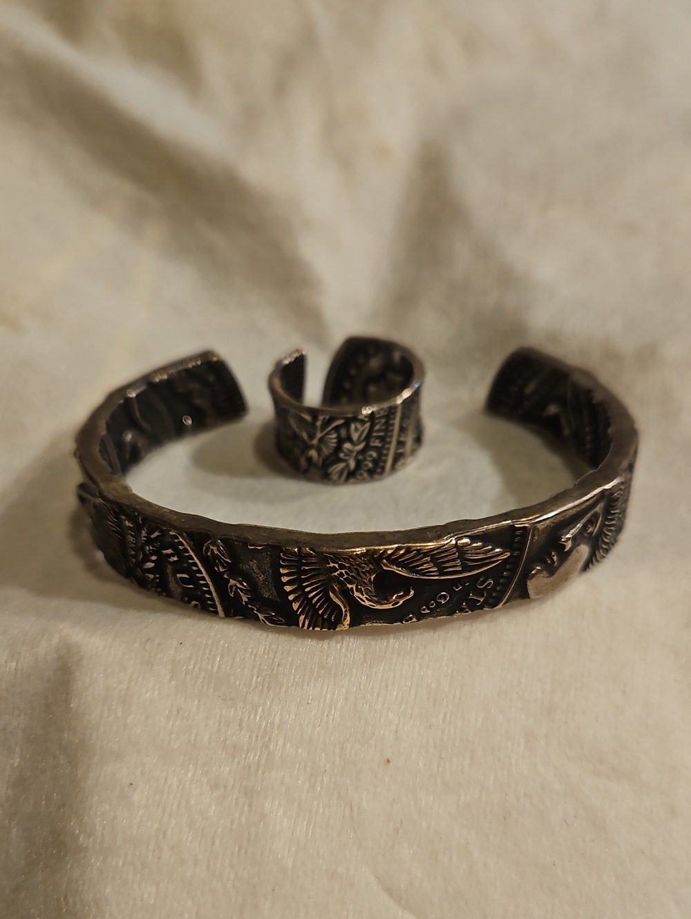 Engraved Eagle Cuff Bracelet and Matching Ring Set - Silver Tone